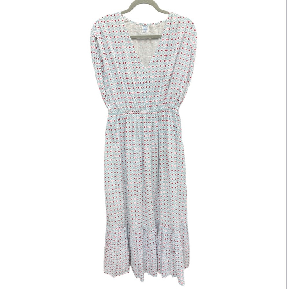 Mer St. Barth Smocked Waist Tiered Midi Dress - Red & Blue Geometric Size Large